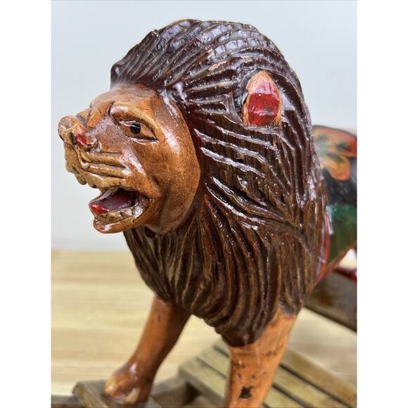 Vintage Hand Carved Folk Art Wooden Rocking Lion 13”x 10” Hand Painted - Picture 6 of 10